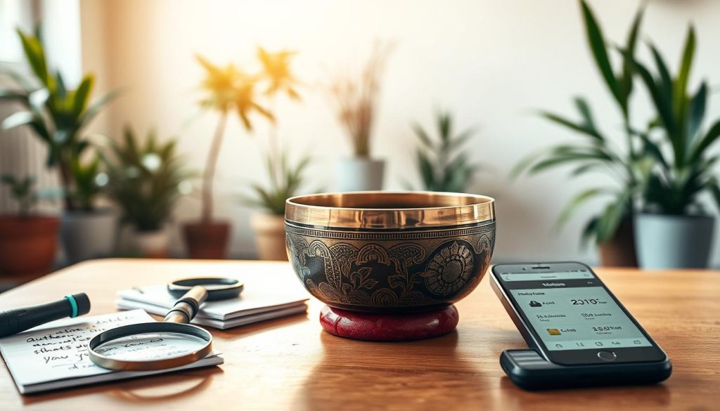 A close-up image of a beautifully crafted Tibetan singing bowl displayed on a simple wooden table. In the foreground, the bowl's intricate engravings glisten under soft, natural lighting, revealing subtle details in the metal. Surrounding the bowl are common purchasing mistakes to avoid: a magnifying glass, a notebook with handwritten notes about authentic versus counterfeit bowls, and a smartphone displaying price comparisons. In the middle ground, a blurred background of a calming, minimalist room filled with plants, enhancing the serene atmosphere. The lighting is warm and inviting, creating a tranquil mood that reflects the nature of mindfulness and thoughtful purchasing. The angle captures the essence of intention behind buying a Tibetan bowl, aiming to educate the viewer.