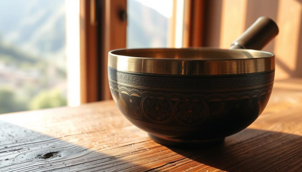 A close-up of an authentic Tibetan singing bowl prominently displayed on a textured wooden surface, showcasing its intricate engravings and deep patina that reflect its age and quality. Soft, natural light filters through a nearby window, casting gentle shadows and enhancing the bowl's features. In the background, hints of lush Himalayan landscape can be seen, adding context and cultural significance to the scene. The ambiance is serene and meditative, encouraging a sense of peace and mindfulness. Emphasize the craftsmanship by capturing the delicate details of the bowl's rim and the subtle variations in its metallic surface. Aim for a shallow depth of field to keep the focus on the bowl, evoking a warm and inviting atmosphere conducive to exploration and appreciation of authentic instruments.