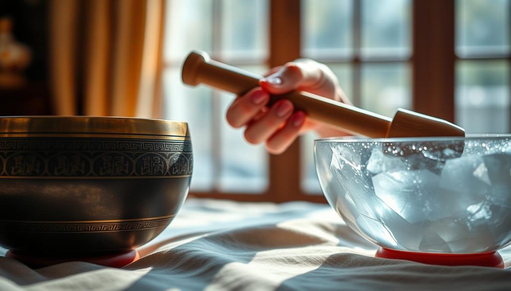 A close-up view of a traditional Tibetan singing bowl and a crystal singing bowl, elegantly placed on a soft, textured fabric. The foreground features the bowls, one made of dark bronze with intricate engravings, reflecting the craftsmanship of ancient artisans, while the other glimmers with a translucent quality, showcasing its modern design. In the middle ground, a pair of artisan hands gently holds a mallet, poised to strike the bowls, emphasizing the act of creation and sound. The background is softly blurred, suggesting a serene atmosphere with warm, diffused natural light filtering through a window, casting gentle shadows. The mood should evoke tranquility and contemplation, perfect for analyzing pricing and manufacturing criteria of these unique instruments. A close-up view of a traditional Tibetan singing bowl and a crystal singing bowl, elegantly placed on a soft, textured fabric. The foreground features the bowls, one made of dark bronze with intricate engravings, reflecting the craftsmanship of ancient artisans, while the other glimmers with a translucent quality, showcasing its modern design. In the middle ground, a pair of artisan hands gently holds a mallet, poised to strike the bowls, emphasizing the act of creation and sound. The background is softly blurred, suggesting a serene atmosphere with warm, diffused natural light filtering through a window, casting gentle shadows. The mood should evoke tranquility and contemplation, perfect for analyzing pricing and manufacturing criteria of these unique instruments.