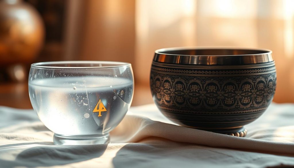 A comparative image featuring two Tibetan singing bowls: one crafted from shimmering crystal and the other made of intricate metallic alloy. In the foreground, showcase the crystal bowl with ethereal light reflections illuminating its surface, showcasing its clarity and elegance. The metallic bowl should exhibit a rich array of textures and patterns, with deeper shadows emphasizing its craftsmanship. In the middle ground, place a soft, neutral fabric that contrasts gently with both bowls, enhancing their visual appeal. The background should be softly blurred, creating a serene and meditative ambiance, with warm, natural lighting streaming from one side, casting delicate shadows. Capture the essence of tranquility and harmony, inviting the viewer into the world of Tibetan artifacts without any distractions.