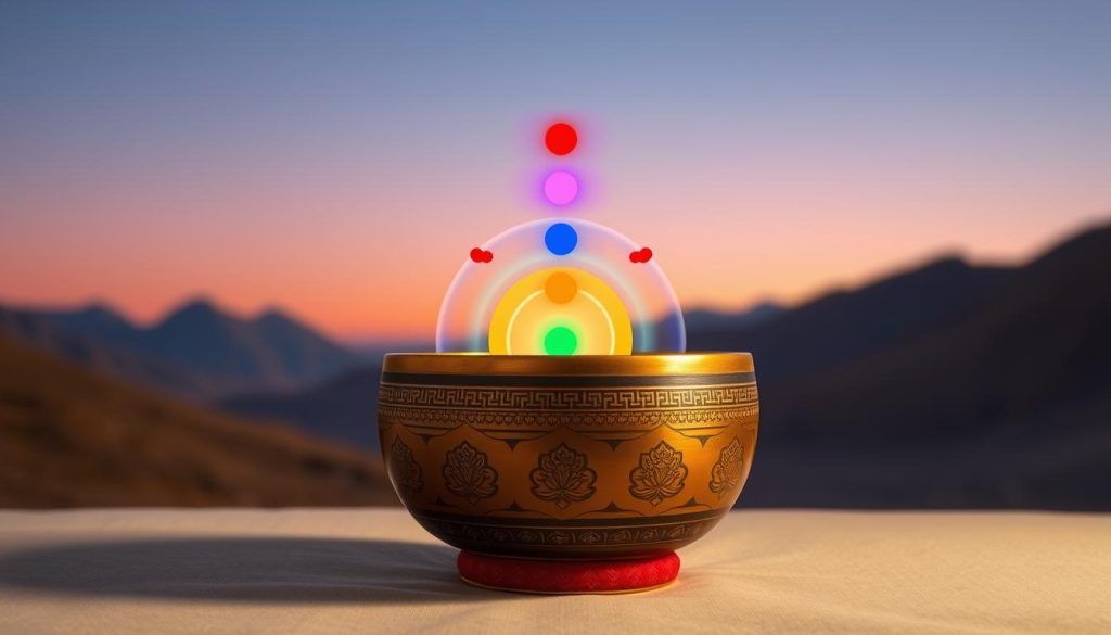 A serene Tibetan singing bowl, intricately designed with traditional patterns, sits at the forefront of the image, radiating soft golden light. In the middle ground, vibrant chakra symbols – each represented by vivid colors (red for the root, orange for the sacral, yellow for the solar plexus, green for the heart, blue for the throat, indigo for the third eye, and violet for the crown) – are depicted harmoniously surrounding the bowl, gently swirling as if influenced by sound waves. The background is a tranquil Tibetan landscape, featuring soft mountains and a clear sky at dusk, casting a warm glow over the scene. The atmosphere is calm and meditative, evoking a sense of balance and energy alignment. The lighting is soft and ethereal, highlighting the mystique of the chakras without distractions or additional elements. A serene Tibetan singing bowl, intricately designed with traditional patterns, sits at the forefront of the image, radiating soft golden light. In the middle ground, vibrant chakra symbols – each represented by vivid colors (red for the root, orange for the sacral, yellow for the solar plexus, green for the heart, blue for the throat, indigo for the third eye, and violet for the crown) – are depicted harmoniously surrounding the bowl, gently swirling as if influenced by sound waves. The background is a tranquil Tibetan landscape, featuring soft mountains and a clear sky at dusk, casting a warm glow over the scene. The atmosphere is calm and meditative, evoking a sense of balance and energy alignment. The lighting is soft and ethereal, highlighting the mystique of the chakras without distractions or additional elements.