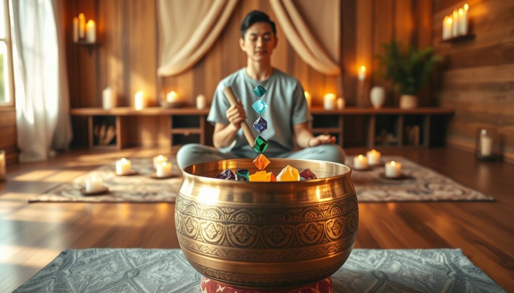 A serene Tibetan singing bowl placed elegantly at the forefront, its intricate engravings shimmering in soft golden light. The bowl is filled with vibrant, colorful crystals that symbolize different chakras, strategically arranged to highlight their energy. In the middle ground, a calm and focused individual, dressed in modest casual attire, gently holds a mallet, poised to strike the bowl, surrounded by an array of chakra diagrams and healing herbs. In the background, a softly lit meditation space with warm wooden tones exudes tranquility and peace, adorned with gentle flickering candles and a backdrop of soft fabric draping. The lighting is warm and inviting, casting gentle shadows that enhance the meditative atmosphere, evoking a sense of harmony and mindfulness. A serene Tibetan singing bowl placed elegantly at the forefront, its intricate engravings shimmering in soft golden light. The bowl is filled with vibrant, colorful crystals that symbolize different chakras, strategically arranged to highlight their energy. In the middle ground, a calm and focused individual, dressed in modest casual attire, gently holds a mallet, poised to strike the bowl, surrounded by an array of chakra diagrams and healing herbs. In the background, a softly lit meditation space with warm wooden tones exudes tranquility and peace, adorned with gentle flickering candles and a backdrop of soft fabric draping. The lighting is warm and inviting, casting gentle shadows that enhance the meditative atmosphere, evoking a sense of harmony and mindfulness.