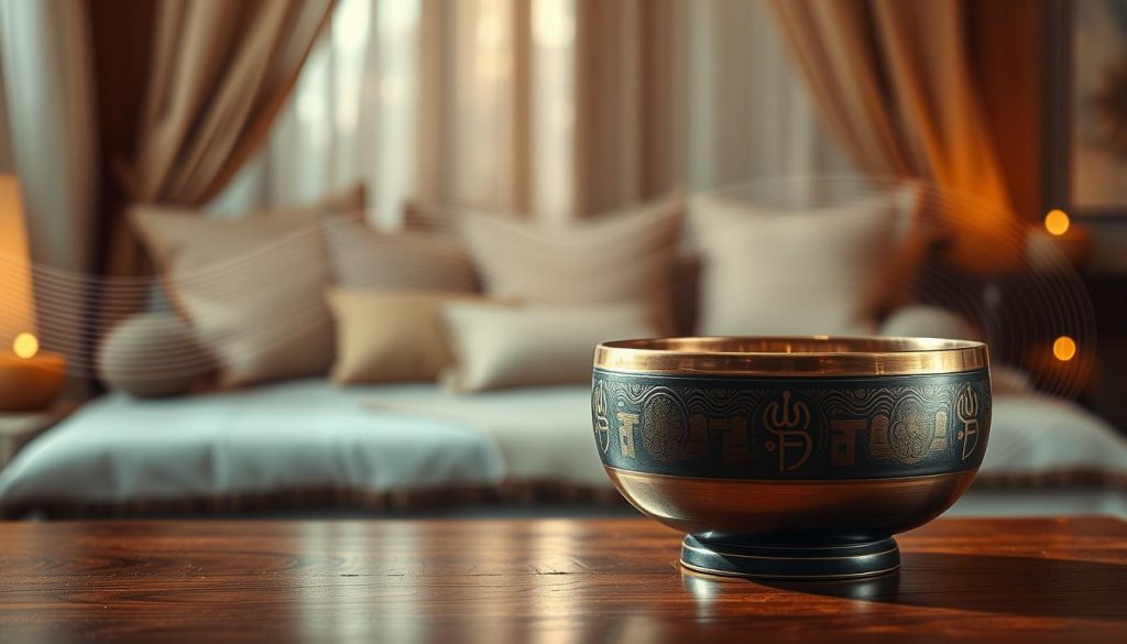 A serene and artistic depiction of "vibrations" associated with Tibetan singing bowls, focusing on deep, rich textures and intricate symbols. In the foreground, a beautifully crafted Tibetan bowl rests on a polished wooden surface, its surface shimmering with detailed engravings. Surrounding the bowl, soft sound waves emanate outward, visualized as gentle ripples of light and color. In the middle ground, a softly blurred background features a calming, tranquil space adorned with flowing drapes and delicate pillows, evoking a sense of peace and mindfulness. The lighting is warm and inviting, accentuating the bowl's metallic sheen and the ethereal quality of the vibrations, creating a serene atmosphere. The angle captures both the bowl from a slightly elevated view and the vibrational movement in a dynamic flow, emphasizing harmony and well-being.