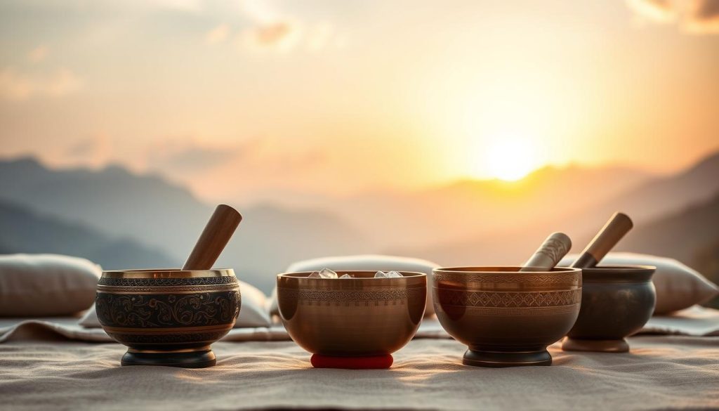 A serene and artistic representation of Tibetan singing bowls, meticulously arranged in a tranquil setting. In the foreground, display three distinct bowls made from various materials: one bronze with intricate carvings, another made of crystal, and a third in traditional Himalaya-style metal. In the middle ground, include soft textiles and cushions in muted earth tones, reflecting the rich cultural heritage. The background features a softly blurred Tibetan landscape, with subtle mountains and gentle clouds under a warm, golden sunset. Soft, ambient lighting enhances the textures of the bowls, casting delicate shadows while conveying a peaceful and reflective mood. The scene captures a sense of authenticity and reverence, perfect for illustrating the artistry and material choices of genuine Tibetan bowls.