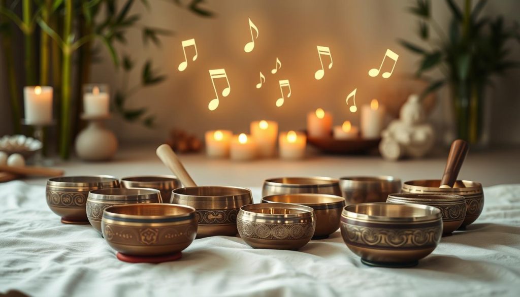 A serene and harmonious scene depicting an array of Tibetan singing bowls arranged on a soft, natural fabric. In the foreground, a variety of bowls are shown, each uniquely crafted with intricate designs, reflecting different frequencies associated with chakras. The middle ground features gently glowing notes of music floating above the bowls, symbolizing the ideal musical notes and frequencies for meditation and healing. In the background, a softly lit, tranquil environment with natural elements such as bamboo and candles creates a peaceful atmosphere. The light is warm and inviting, suggesting a sense of calm and inner balance. The image captures a blend of spirituality and artistry, perfect for illustrating the selection process of Tibetan bowls based on musical notes and chakra frequencies.
