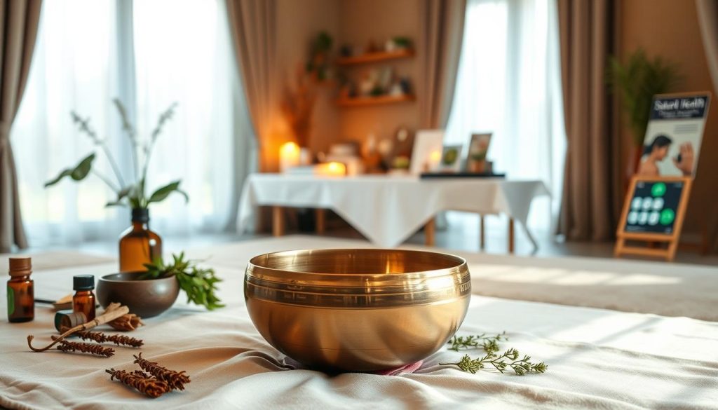 A serene and hygienic setting showcasing a Tibetan singing bowl made from the traditional seven metals. In the foreground, the bowl is polished and glistening, placed on a soft, elegant fabric, surrounded by herbs and essential oils emphasizing health precautions. The middle ground features a calming, lit environment with soft, warm lighting filtering through sheer curtains, creating a peaceful atmosphere. In the background, elements such as a table with various natural health brochures and a small digital display showing safety tips for using the bowl enhance the focus on wellness and secure practices. The overall mood is tranquil and inviting, promoting the theme of safe usage and health awareness. A serene and hygienic setting showcasing a Tibetan singing bowl made from the traditional seven metals. In the foreground, the bowl is polished and glistening, placed on a soft, elegant fabric, surrounded by herbs and essential oils emphasizing health precautions. The middle ground features a calming, lit environment with soft, warm lighting filtering through sheer curtains, creating a peaceful atmosphere. In the background, elements such as a table with various natural health brochures and a small digital display showing safety tips for using the bowl enhance the focus on wellness and secure practices. The overall mood is tranquil and inviting, promoting the theme of safe usage and health awareness.