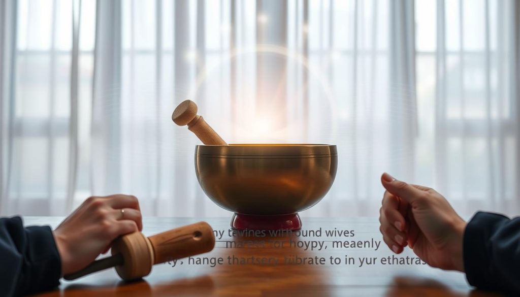A serene indoor setting focused on a beautifully crafted Tibetan bowl placed centrally on a wooden table. In the foreground, gently worn mallets and fingers poised gracefully, demonstrating various striking and rubbing techniques. Vivid sound waves emanate softly from the bowl, illustrated as gentle ripples of light. In the middle ground, an atmospheric aura surrounds the bowl, hinting at energetic vibrations synchronizing with the chakras. The background features soft, diffused natural light filtering through translucent curtains, creating a calming ambiance. The angle captures the bowl and the technique in detail, evoking a sense of tranquility and mindfulness. This image embodies mastery in using Tibetan bowls for meditation and healing practices. A serene indoor setting focused on a beautifully crafted Tibetan bowl placed centrally on a wooden table. In the foreground, gently worn mallets and fingers poised gracefully, demonstrating various striking and rubbing techniques. Vivid sound waves emanate softly from the bowl, illustrated as gentle ripples of light. In the middle ground, an atmospheric aura surrounds the bowl, hinting at energetic vibrations synchronizing with the chakras. The background features soft, diffused natural light filtering through translucent curtains, creating a calming ambiance. The angle captures the bowl and the technique in detail, evoking a sense of tranquility and mindfulness. This image embodies mastery in using Tibetan bowls for meditation and healing practices.