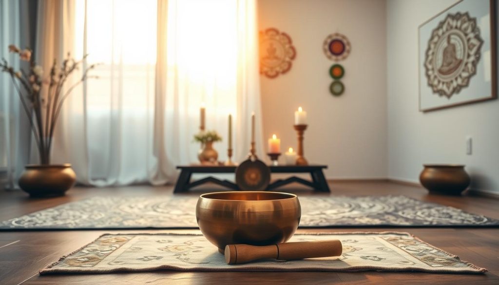 A serene room designed for a Tibetan singing bowl meditation session. In the foreground, a beautifully crafted Tibetan singing bowl sits on a soft, patterned mat, with delicate mallet beside it. The middle ground features a small altar adorned with candles, crystals, and incense, creating a harmonious ambiance. In the background, gentle, diffused sunlight streams through sheer curtains, casting a warm, golden glow throughout the space. The walls are decorated with calming artwork depicting chakra symbols, enhancing the spiritual atmosphere. The overall mood is tranquil and inviting, evoking a sense of mindfulness and intention while preparing for meditation. A serene room designed for a Tibetan singing bowl meditation session. In the foreground, a beautifully crafted Tibetan singing bowl sits on a soft, patterned mat, with delicate mallet beside it. The middle ground features a small altar adorned with candles, crystals, and incense, creating a harmonious ambiance. In the background, gentle, diffused sunlight streams through sheer curtains, casting a warm, golden glow throughout the space. The walls are decorated with calming artwork depicting chakra symbols, enhancing the spiritual atmosphere. The overall mood is tranquil and inviting, evoking a sense of mindfulness and intention while preparing for meditation.