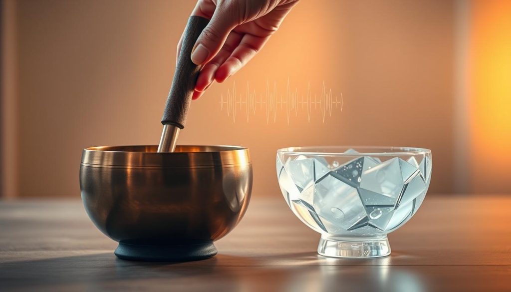 A serene, softly lit room featuring a traditional Tibetan singing bowl and a beautiful crystal bowl side by side, symbolizing the concept of resonance frequency. The foreground showcases intricate details of the bowls, highlighting the craftsmanship, and emphasizing the smooth, reflective surfaces of the crystal bowl against the rustic texture of the traditional bowl. In the middle ground, a gentle hand hovers above the bowls, poised to strike them, the motion captured mid-action as sound waves emanate visually from the bowls, creating a tangible sense of vibration. The background fades into soft shadows, enhancing the focus on the bowls, while subtle warm light filters in, creating a tranquil and contemplative atmosphere. The overall mood is peaceful and contemplative, inviting viewers to connect with the idea of sound and resonance. A serene, softly lit room featuring a traditional Tibetan singing bowl and a beautiful crystal bowl side by side, symbolizing the concept of resonance frequency. The foreground showcases intricate details of the bowls, highlighting the craftsmanship, and emphasizing the smooth, reflective surfaces of the crystal bowl against the rustic texture of the traditional bowl. In the middle ground, a gentle hand hovers above the bowls, poised to strike them, the motion captured mid-action as sound waves emanate visually from the bowls, creating a tangible sense of vibration. The background fades into soft shadows, enhancing the focus on the bowls, while subtle warm light filters in, creating a tranquil and contemplative atmosphere. The overall mood is peaceful and contemplative, inviting viewers to connect with the idea of sound and resonance.