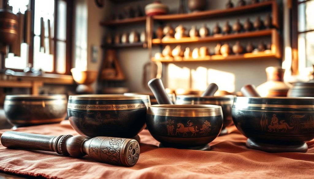 A beautifully arranged collection of a genuine Tibetan singing bowl set, showcasing several intricately designed bowls made of bronze with ornate engravings on display. In the foreground, a polished wooden mallet rests beside a bowl, highlighting their texture and craftsmanship. The middle ground features a soft, luxurious cloth in rich, earthy tones, enhancing the warmth and authenticity of the instruments. In the background, a softly lit, rustic workshop setting with shelves displaying additional Tibetan instruments, such as chimes and bells, gives depth to the composition. Sunlight gently filters through a nearby window, casting a warm glow over the scene, creating a serene and inviting atmosphere. The overall mood is of tranquility and mindfulness, ideal for those seeking quality craftsmanship in traditional Tibetan instruments.
