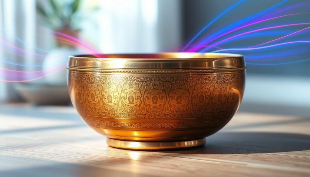 A close-up image of a resonating Tibetan singing bowl, placed on a smooth wooden surface. The bowl should be intricately designed with detailed engravings, reflecting polished brass tones and subtle highlights. Vibrant sound waves emanate from the bowl, depicted as bright, fluid lines in a range of colors – blues, purples, and golds – radiating outward, creating a sense of movement and energy. Soft, diffused natural light enhances the scene, casting gentle shadows and emphasizing the textures of the wood and metal. In the background, a faint blurred impression of a serene meditation space with calming colors adds to the peaceful atmosphere, inviting the viewer into a moment of contemplation and mindfulness.