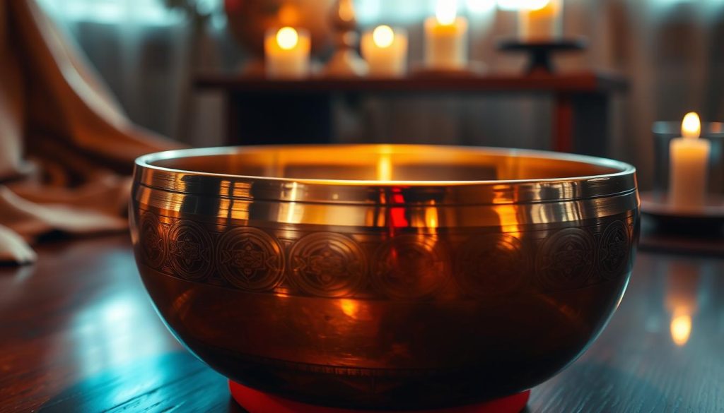 A close-up view of an authentic Tibetan singing bowl, highlighting the unique features associated with full moon bowls. The bowl, made of gleaming metal with intricate engravings, rests on a rich, dark wooden table, vividly reflecting the warm light from a soft, overhead source, creating a serene atmosphere. In the background, softly blurred, there are hints of organic textures, such as silk cloths and glowing candles, adding to the meditative feel. The focus is on the bowl’s detailed rim and the soft vibrations emanating from its surface, inviting a sense of peace and tranquility. The angle is slightly tilted to capture the curvature of the bowl, enhancing its three-dimensional quality.