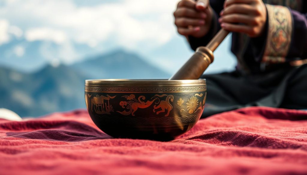 A close-up view of an authentic Tibetan singing bowl resting on a richly textured fabric. The bowl is intricately decorated with traditional engravings, showcasing its craftsmanship. In the foreground, the bowl is captured with soft, diffused lighting that highlights its metallic sheen and aged patina. Subtle shadows create depth, allowing the viewer to appreciate the craftsmanship and details of the engravings. In the middle ground, a pair of gentle hands, clad in modest, traditional attire, are poised to play the bowl, with a wooden mallet ready to strike. The background features a blurred scene of a serene Himalayan landscape, creating an atmosphere of tranquility and authenticity. The overall mood is peaceful and reflective, emphasizing the cultural significance of the singing bowl.