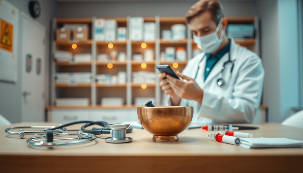 A detailed view of a modern medical workspace emphasizing safety and precautions associated with medical devices. In the foreground, a well-organized table displays various medical instruments like stethoscopes, syringes, and a Tibetan singing bowl, all meticulously arranged to highlight their significance in care. In the middle ground, a healthcare professional, dressed in a clean, professional lab coat, examines a medical device while maintaining a focus on safety practices. The background features shelves stocked with medical supplies, softly illuminated by warm, professional lighting, creating a calming atmosphere. The image captures an air of diligence, care, and respect for medical protocols, evoking a sense of responsibility and professionalism. Use a shallow depth of field to softly blur the background, emphasizing the foreground elements.