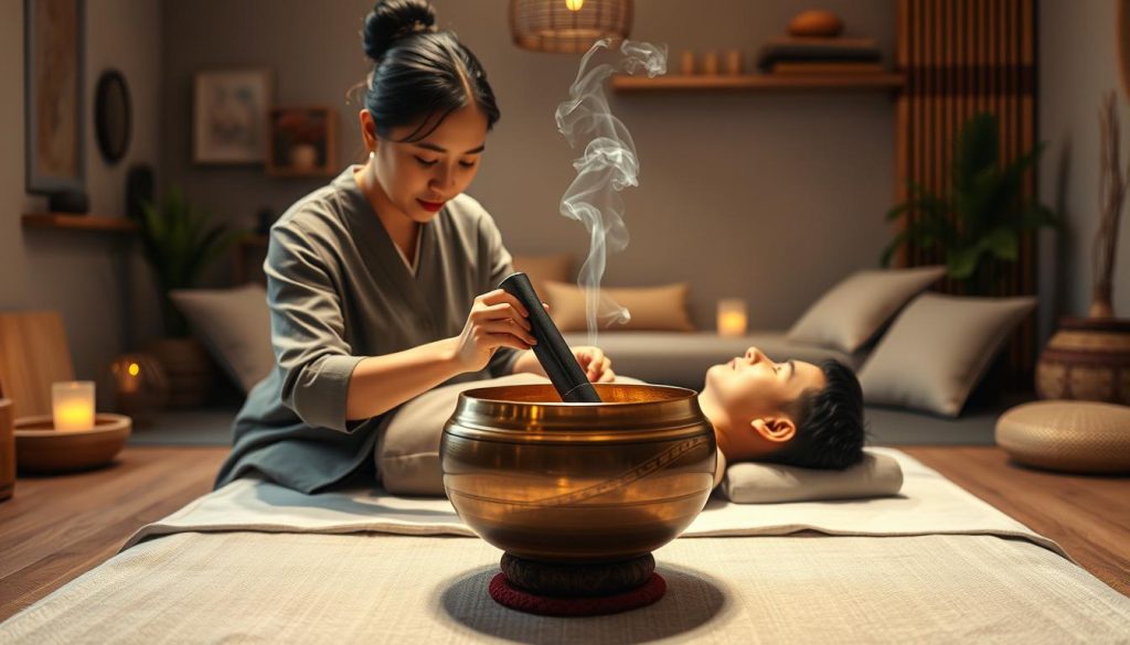 A serene and calming scene depicting a Tibetan bowl massage session. In the foreground, a skilled therapist of Asian descent, dressed in modest, professional attire, gently places a Tibetan singing bowl on the chest of a relaxed, reclining individual in comfortable, modest clothing. The middle ground features soft, ambient lighting that enhances the tranquility of the space, while delicate smoke from incense wafts through the air. In the background, a cozy, dimly lit room adorned with natural wood elements, cushions, and plants creates a peaceful atmosphere. The overall mood is soothing and meditative, inviting viewers into the therapeutic experience of Tibetan bowl massage. The composition is framed to emphasize the connection between the therapist and the individual, suggesting harmony and wellness. A serene and calming scene depicting a Tibetan bowl massage session. In the foreground, a skilled therapist of Asian descent, dressed in modest, professional attire, gently places a Tibetan singing bowl on the chest of a relaxed, reclining individual in comfortable, modest clothing. The middle ground features soft, ambient lighting that enhances the tranquility of the space, while delicate smoke from incense wafts through the air. In the background, a cozy, dimly lit room adorned with natural wood elements, cushions, and plants creates a peaceful atmosphere. The overall mood is soothing and meditative, inviting viewers into the therapeutic experience of Tibetan bowl massage. The composition is framed to emphasize the connection between the therapist and the individual, suggesting harmony and wellness.
