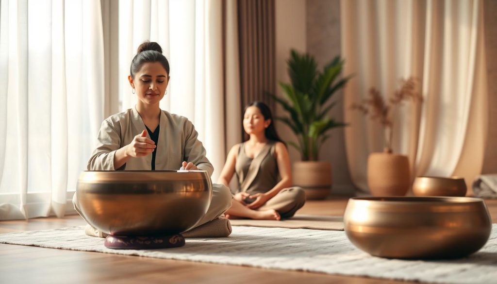 A serene and calming scene depicting the benefits of sound therapy with Tibetan singing bowls. In the foreground, a tranquil therapist gently plays a bowl, producing soothing waves of sound. The therapist is dressed in modest, professional attire, exuding a peaceful demeanor. In the middle ground, a meditative individual sits cross-legged on a soft mat, eyes closed, immersed in relaxation; their expression reflects deep inner peace. The background features soft, warm lighting with delicate shadows, enhancing a cozy atmosphere. Subtle elements of nature, such as indoor plants and gentle fabric drapes, create a harmonious space. The overall mood is tranquil and restorative, inviting viewers to connect with the healing powers of sound therapy. The image composition emphasizes mindfulness and holistic wellness without any text or distractions.