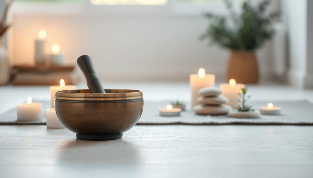 A serene and focused setting featuring a Tibetan singing bowl placed prominently in the foreground, capturing its intricate craftsmanship. Surrounding the bowl, there are gentle, diffused candles casting a warm glow, enhancing the calming atmosphere. In the middle ground, soft, natural elements like smooth stones and small plants are arranged to symbolize harmony and balance, subtly reflecting the essence of holistic care. The background is softly blurred, depicting a tranquil space, such as a minimalist therapy room or peaceful garden. Natural light streams in from a window, creating a peaceful ambiance. The overall mood is soothing and contemplative, inviting the viewer to connect with the themes of caution and mindfulness essential for the use of Tibetan singing bowls in wellness practices. A serene and focused setting featuring a Tibetan singing bowl placed prominently in the foreground, capturing its intricate craftsmanship. Surrounding the bowl, there are gentle, diffused candles casting a warm glow, enhancing the calming atmosphere. In the middle ground, soft, natural elements like smooth stones and small plants are arranged to symbolize harmony and balance, subtly reflecting the essence of holistic care. The background is softly blurred, depicting a tranquil space, such as a minimalist therapy room or peaceful garden. Natural light streams in from a window, creating a peaceful ambiance. The overall mood is soothing and contemplative, inviting the viewer to connect with the themes of caution and mindfulness essential for the use of Tibetan singing bowls in wellness practices.