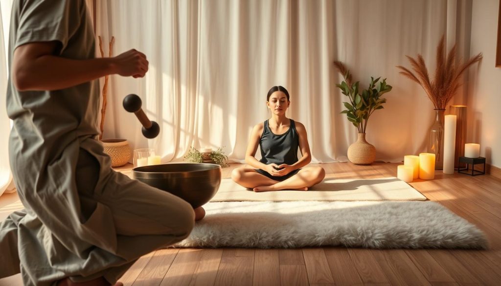 A serene and tranquil environment depicting the physical and emotional benefits of Tibetan bowl massage. In the foreground, a practitioner in modest casual clothing gently plays a Tibetan singing bowl with mallets, emitting soothing vibrations. In the middle, a relaxed individual sits cross-legged on a plush mat, eyes closed, radiating calmness and emotional release, surrounded by softly glowing candles and aromatic plants. The background features a peaceful room adorned with natural elements, such as wooden accents and gentle flowing fabric, letting in soft, ethereal light that casts warm shadows, enhancing the atmosphere of relaxation and healing. The overall mood is one of serenity, wellness, and emotional tranquility. A serene and tranquil environment depicting the physical and emotional benefits of Tibetan bowl massage. In the foreground, a practitioner in modest casual clothing gently plays a Tibetan singing bowl with mallets, emitting soothing vibrations. In the middle, a relaxed individual sits cross-legged on a plush mat, eyes closed, radiating calmness and emotional release, surrounded by softly glowing candles and aromatic plants. The background features a peaceful room adorned with natural elements, such as wooden accents and gentle flowing fabric, letting in soft, ethereal light that casts warm shadows, enhancing the atmosphere of relaxation and healing. The overall mood is one of serenity, wellness, and emotional tranquility.