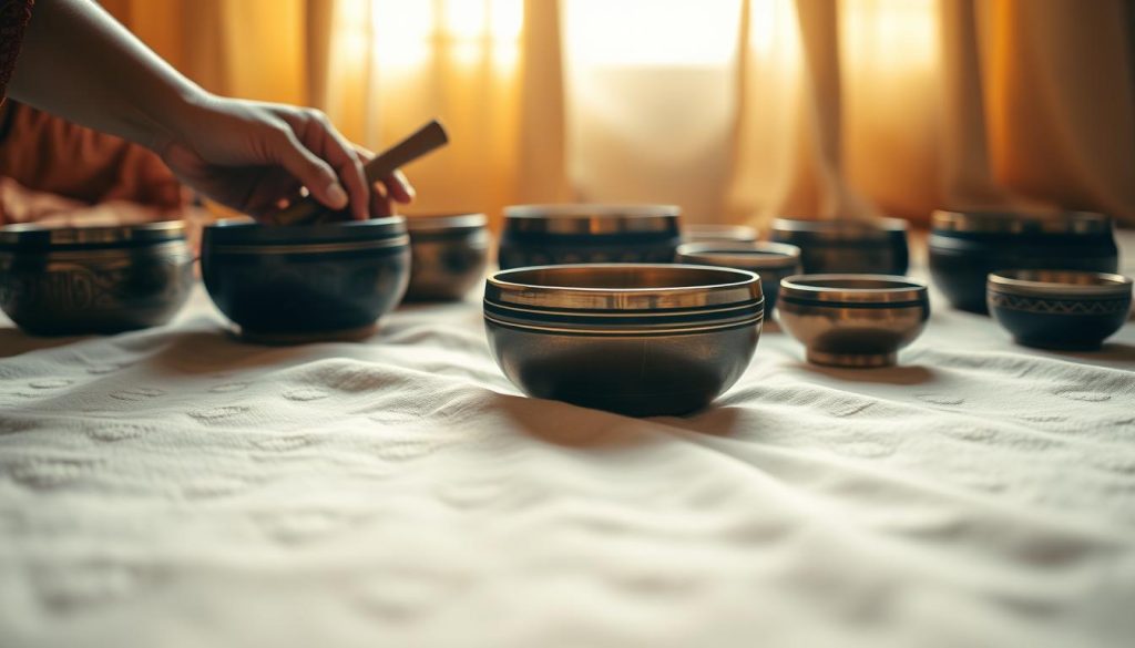 A serene, atmospheric scene featuring a set of Tibetan singing bowls artfully arranged on a soft, richly textured fabric. In the foreground, a pair of hands gently striking one of the bowls with a mallet, creating ripples of sound visible as subtle vibrations above the surface. The middle ground showcases an assortment of bowls of various sizes and designs, some traditional with intricate patterns, others polished to a smooth shine. The background is softly blurred, with warm golden light filtering through, casting a tranquil glow that enhances the meditative atmosphere. Consider a low angle shot that emphasizes the craftsmanship of the bowls while maintaining a peaceful, harmonious mood. The image should convey the essence of sound healing and mindfulness, free from any text or distractions.