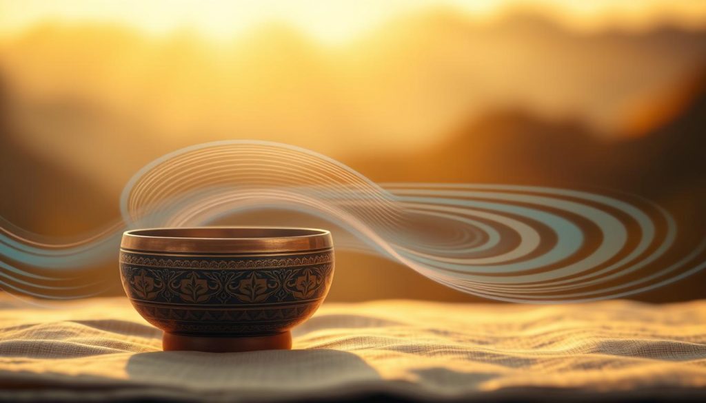 A serene, close-up view of a traditional Tibetan singing bowl at the forefront, with vivid sound waves emanating from it, visually representing the concept of vibrations. The bowl, ornately designed with intricate patterns, sits on a soft, natural fabric resembling a meditation mat. The middle ground features gently swirling colors in shades of blue and gold, creating a dynamic backdrop that suggests movement and resonance. In the background, blurred silhouettes of mountain peaks bathed in soft, ambient light convey a peaceful atmosphere. The scene is illuminated by warm, golden lighting, evoking tranquility and spiritual depth. The overall mood is calming and reflective, inviting the viewer to feel the essence of sound and vibration without text or distractions.