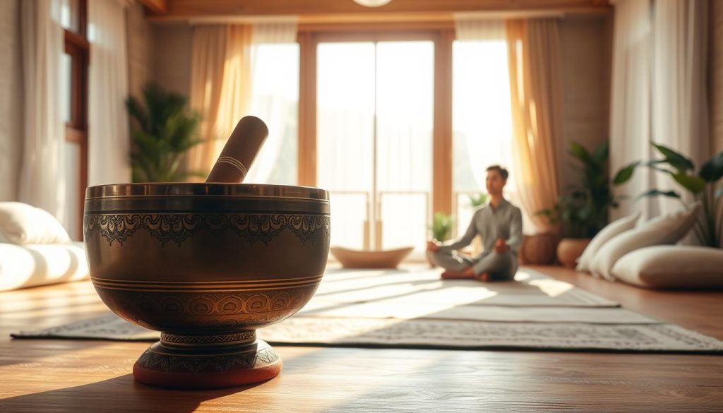 A serene meditative space illustrating the concept of "vibrations." In the foreground, a beautifully crafted Tibetan singing bowl, intricately decorated and gently vibrating, with soft sound waves emanating from it. In the middle ground, a calm individual seated cross-legged in a reflective posture, dressed in modest casual clothing, with a peaceful expression, absorbing the soothing vibrations. Surrounding them, warm, diffused natural light filters through large windows adorned with sheer curtains, casting gentle shadows. The background reveals a tranquil environment with soft cushions, green plants, and calming colors, evoking a sense of harmony and focus. The overall atmosphere conveys relaxation and mindfulness, encapsulating the importance of posture and environment in meditation practices.