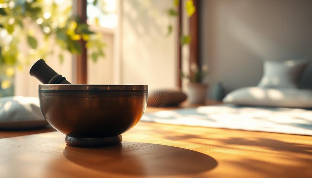 A serene setting featuring a large, ornate Tibetan singing bowl placed on a smooth, natural wooden surface in the foreground, with gentle ripples emanating from its center, illustrating the concept of vibrations. In the middle ground, soft, dappled sunlight filters through leafy branches, creating a tranquil atmosphere filled with warm hues. The background includes blurred elements of a peaceful meditation space, such as cushions and soft textiles, enhancing the sense of calm. The entire scene is captured with a shallow depth of field, focusing on the bowl and its vibrations while softly blurring the surrounding elements to convey a meditative mood. The lighting is warm and inviting, evoking a sense of peace and depth.