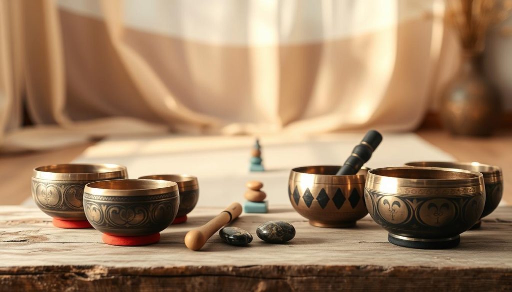 A serene, softly lit environment showcasing an assortment of Tibetan singing bowls on a rustic wooden table, placed in the foreground. The bowls vary in size and finish, with intricate engravings and natural patinas, reflecting their craftsmanship. In the middle ground, a pair of mallets and chakra stones are artfully arranged, emphasizing the accessories used in sound therapy. A calming backdrop features muted pastel colors and delicate textiles, reminiscent of a peaceful meditation space. The lighting is warm and gentle, casting soft shadows to enhance the tranquil atmosphere. A shallow depth of field draws focus to the bowls, inviting viewers to explore the nuances of choosing materials for sound meditation practice.