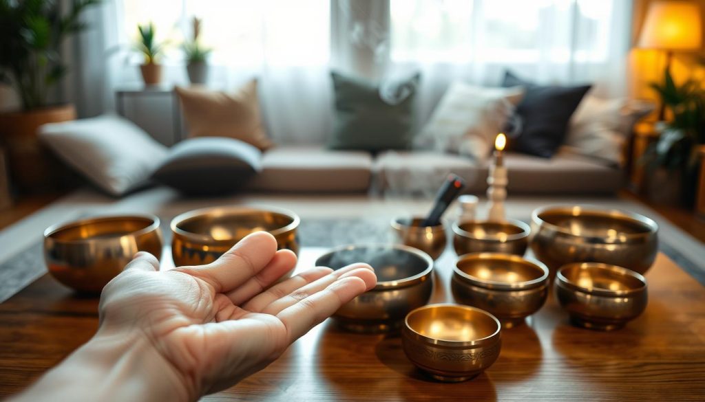 A serene, well-lit room showcasing a variety of Tibetan singing bowls arranged neatly on a wooden table. In the foreground, a close-up of a gentle hand carefully demonstrating how to hold a singing bowl, emphasizing the proper technique. The middle section features the bowls in different sizes, each reflecting golden hues with intricate engravings that catch the soft, ambient light. In the background, a cozy atmosphere is created with soft meditation cushions, a lit incense stick emanating delicate smoke, and calming natural colors from indoor plants. The overall mood is peaceful and informative, inviting viewers to explore the safe practices of using Tibetan bowls for sound healing. The lighting is warm, enhancing the textures and details without harsh shadows.
