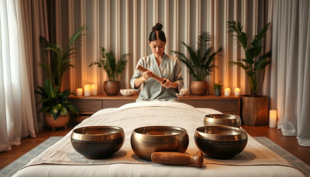 A tranquil setting for a professional Tibetan bowl massage session. In the foreground, a serene, well-organized massage table adorned with soft, natural fabrics, surrounded by beautifully crafted Tibetan bowls. A knowledgeable practitioner, dressed in modest, professional attire, is gently striking a bowl with a mallet, creating a peaceful sound. The middle ground features calming elements such as lush green plants and softly glowing candles, enhancing the relaxing ambiance. In the background, warm, diffused lighting creates a soothing atmosphere, with light filtering through a sheer curtain, casting gentle shadows. The overall mood is one of calm and serenity, embodying a therapeutic experience focused on well-being and relaxation. A tranquil setting for a professional Tibetan bowl massage session. In the foreground, a serene, well-organized massage table adorned with soft, natural fabrics, surrounded by beautifully crafted Tibetan bowls. A knowledgeable practitioner, dressed in modest, professional attire, is gently striking a bowl with a mallet, creating a peaceful sound. The middle ground features calming elements such as lush green plants and softly glowing candles, enhancing the relaxing ambiance. In the background, warm, diffused lighting creates a soothing atmosphere, with light filtering through a sheer curtain, casting gentle shadows. The overall mood is one of calm and serenity, embodying a therapeutic experience focused on well-being and relaxation.