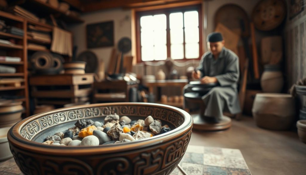 A beautifully crafted Tibetan bowl, with intricate carvings showcasing traditional symbols, dominates the foreground. The bowl is filled with natural ingredients used in its making, such as metals and minerals, reflecting its artisanal roots. In the middle ground, a skilled artisan, wearing modest, professional attire, works diligently on a wheel, surrounded by tools of the trade like hammers and chisels. The background features a serene workshop environment, bathed in warm, soft light filtering through a window, highlighting the textures of wood and stone. This mood of tranquility and craftsmanship captures the essence of Tibetan bowl production, inviting viewers into the peaceful process of its creation. The composition is shot at a low angle to emphasize the artisan’s focused expression and the bowl’s details. A beautifully crafted Tibetan bowl, with intricate carvings showcasing traditional symbols, dominates the foreground. The bowl is filled with natural ingredients used in its making, such as metals and minerals, reflecting its artisanal roots. In the middle ground, a skilled artisan, wearing modest, professional attire, works diligently on a wheel, surrounded by tools of the trade like hammers and chisels. The background features a serene workshop environment, bathed in warm, soft light filtering through a window, highlighting the textures of wood and stone. This mood of tranquility and craftsmanship captures the essence of Tibetan bowl production, inviting viewers into the peaceful process of its creation. The composition is shot at a low angle to emphasize the artisan’s focused expression and the bowl’s details.