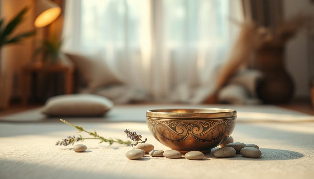 A serene Tibetan bowl rests at the center of a calming, softly lit indoor space, symbolizing relaxation. Surround the bowl with a few delicate sprigs of lavender and smooth pebbles to enhance the tranquil feeling. In the background, a blurred view of a cozy, minimalist room showcases calming colors like soft greens and muted earth tones. Warm, ambient light filters through sheer curtains, creating gentle shadows that add depth to the scene. The overall mood is peaceful and inviting, ideal for promoting relaxation and deep sleep. The lens captures the details of the bowl's intricate design while maintaining a shallow depth of field to keep the focus on the bowl amid the serene environment. A serene Tibetan bowl rests at the center of a calming, softly lit indoor space, symbolizing relaxation. Surround the bowl with a few delicate sprigs of lavender and smooth pebbles to enhance the tranquil feeling. In the background, a blurred view of a cozy, minimalist room showcases calming colors like soft greens and muted earth tones. Warm, ambient light filters through sheer curtains, creating gentle shadows that add depth to the scene. The overall mood is peaceful and inviting, ideal for promoting relaxation and deep sleep. The lens captures the details of the bowl's intricate design while maintaining a shallow depth of field to keep the focus on the bowl amid the serene environment.