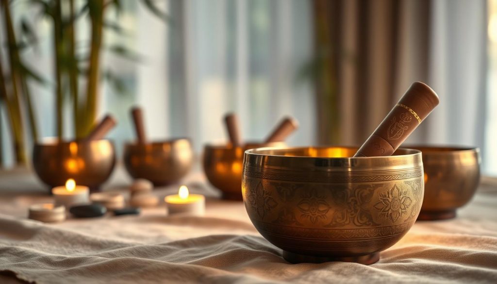 A serene and calming composition featuring a collection of Tibetan singing bowls arranged on a soft, natural fabric. In the foreground, focus on one beautifully crafted singing bowl, its intricate engravings glistening softly in warm, ambient light. Surround it with natural elements like smooth stones and small candles, casting gentle flickering shadows. The middle ground showcases additional bowls of varying sizes, each reflecting unique designs, suggestive of healing and meditation. In the background, a blurred view of a tranquil space with bamboo plants or soft, ethereal light filtering through sheer curtains, enhancing the atmosphere of peace and mindfulness. Ensure the scene conveys a meditative mood, inviting the viewer to reflect on the essence of healing associated with these ancient practices. A serene and calming composition featuring a collection of Tibetan singing bowls arranged on a soft, natural fabric. In the foreground, focus on one beautifully crafted singing bowl, its intricate engravings glistening softly in warm, ambient light. Surround it with natural elements like smooth stones and small candles, casting gentle flickering shadows. The middle ground showcases additional bowls of varying sizes, each reflecting unique designs, suggestive of healing and meditation. In the background, a blurred view of a tranquil space with bamboo plants or soft, ethereal light filtering through sheer curtains, enhancing the atmosphere of peace and mindfulness. Ensure the scene conveys a meditative mood, inviting the viewer to reflect on the essence of healing associated with these ancient practices.