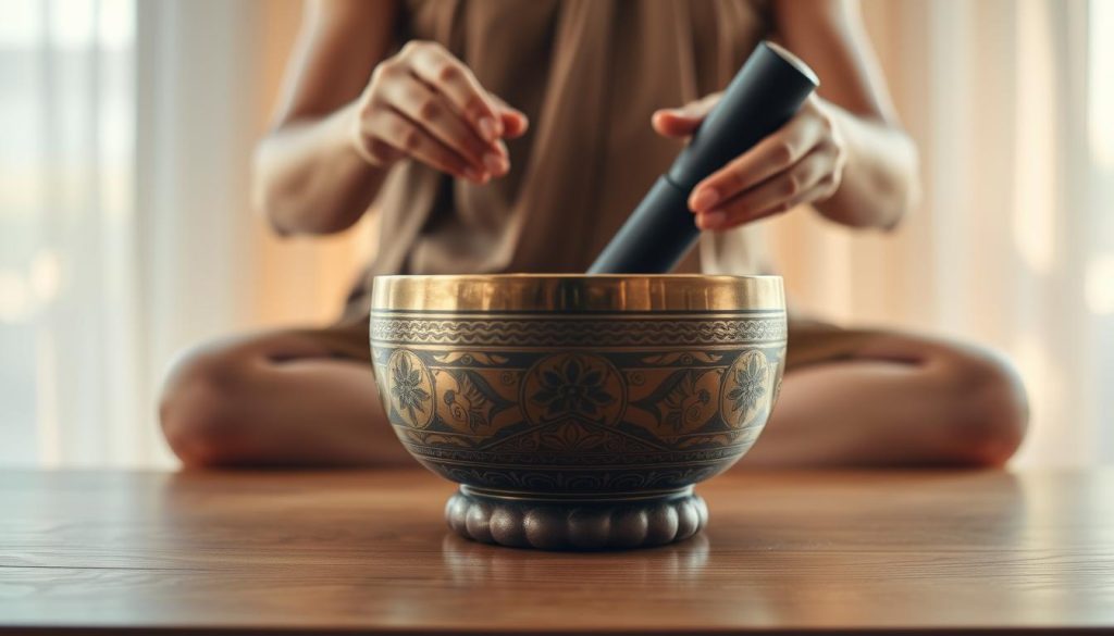 A serene and focused meditation space featuring a Tibetan singing bowl, meticulously crafted with intricate designs. In the foreground, a pair of skilled hands gracefully demonstrate the techniques of striking and rubbing the bowl, producing resonant sound waves. The middle ground showcases the polished wooden surface the bowl rests upon, reflecting soft, warm ambient light. In the background, a calming atmosphere is created with soft, diffused lighting filtering through sheer curtains, enhancing the tranquility of the scene. The overall mood is peaceful and contemplative, inviting viewers to connect with the essence of the bowl's sound healing properties. The composition is shot from a slight angle to capture both the intricacy of the bowl and the technique in action. A serene and focused meditation space featuring a Tibetan singing bowl, meticulously crafted with intricate designs. In the foreground, a pair of skilled hands gracefully demonstrate the techniques of striking and rubbing the bowl, producing resonant sound waves. The middle ground showcases the polished wooden surface the bowl rests upon, reflecting soft, warm ambient light. In the background, a calming atmosphere is created with soft, diffused lighting filtering through sheer curtains, enhancing the tranquility of the scene. The overall mood is peaceful and contemplative, inviting viewers to connect with the essence of the bowl's sound healing properties. The composition is shot from a slight angle to capture both the intricacy of the bowl and the technique in action.