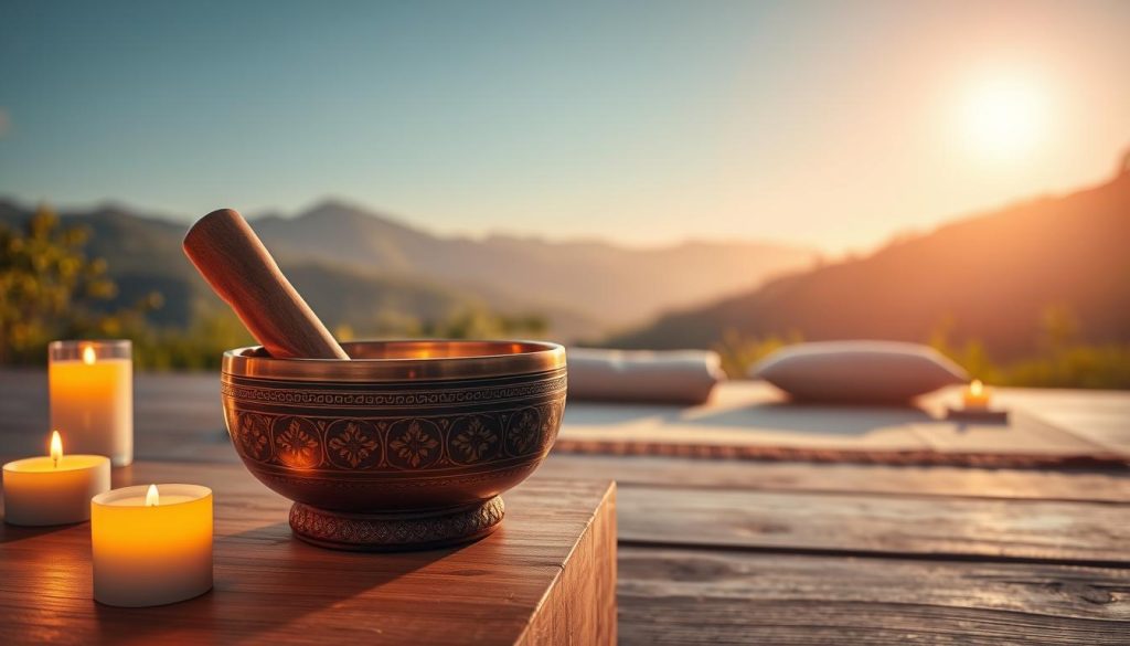 A serene and tranquil setting featuring a traditional Tibetan singing bowl as the focal point in the foreground, illuminated by soft, warm lighting. The singing bowl, intricately designed with delicate engravings, rests on a natural wooden surface, surrounded by candles that emit a gentle glow. In the middle ground, a peaceful meditation space is visible, adorned with soft cushions and a mat, inviting relaxation and focus. In the background, a calming landscape of mountains and lush greenery is depicted, under a clear blue sky at dawn, creating a sense of harmony and tranquility. The atmosphere feels soothing and meditative, encouraging mindfulness and introspection. Ensure there are no human figures present, maintaining a purely tranquil environment.