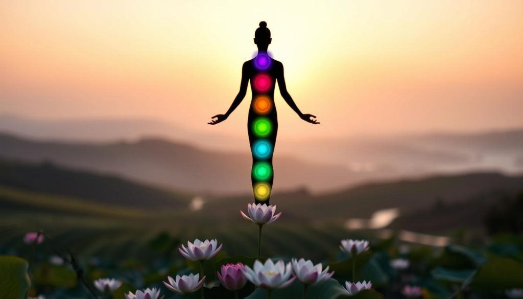 A serene depiction of chakras aligned along a human silhouette, standing in a meditative pose. The figure is surrounded by a soft, ethereal glow that represents the energy from each chakra, starting with vibrant red at the base, moving through orange, yellow, green, blue, indigo, and finally violet at the crown. In the foreground, delicate lotus flowers bloom at the feet, symbolizing purity and spiritual awakening. The middle ground features a tranquil, blurred landscape of rolling hills and gentle streams, enhancing the sense of harmony. The background includes a soothing gradient sky transitioning from dawn hues to a calming twilight, casting soft light across the scene. Capture the mood of peace and balance, utilizing a soft-focus lens and warm, natural lighting. A serene depiction of chakras aligned along a human silhouette, standing in a meditative pose. The figure is surrounded by a soft, ethereal glow that represents the energy from each chakra, starting with vibrant red at the base, moving through orange, yellow, green, blue, indigo, and finally violet at the crown. In the foreground, delicate lotus flowers bloom at the feet, symbolizing purity and spiritual awakening. The middle ground features a tranquil, blurred landscape of rolling hills and gentle streams, enhancing the sense of harmony. The background includes a soothing gradient sky transitioning from dawn hues to a calming twilight, casting soft light across the scene. Capture the mood of peace and balance, utilizing a soft-focus lens and warm, natural lighting.