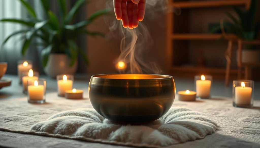 A serene, dimly lit room set for an evening ritual featuring a beautifully crafted Tibetan singing bowl placed on a soft, cushiony mat. In the foreground, the bowl gleams softly, reflecting a warm glow from flickering candles arranged around it. In the middle of the scene, a gentle hand hovers above the bowl, ready to begin the calming ritual. The background reveals a tranquil space decorated with lush, green plants and subtle incense smoke curling in the air, contributing to a peaceful atmosphere. The lighting is soft and warm, evoking a sense of relaxation and mindfulness, ideal for a nighttime routine. The image captures an intimate and reflective moment, inviting the viewer to feel the tranquility associated with the Tibetan bowl ritual. A serene, dimly lit room set for an evening ritual featuring a beautifully crafted Tibetan singing bowl placed on a soft, cushiony mat. In the foreground, the bowl gleams softly, reflecting a warm glow from flickering candles arranged around it. In the middle of the scene, a gentle hand hovers above the bowl, ready to begin the calming ritual. The background reveals a tranquil space decorated with lush, green plants and subtle incense smoke curling in the air, contributing to a peaceful atmosphere. The lighting is soft and warm, evoking a sense of relaxation and mindfulness, ideal for a nighttime routine. The image captures an intimate and reflective moment, inviting the viewer to feel the tranquility associated with the Tibetan bowl ritual.