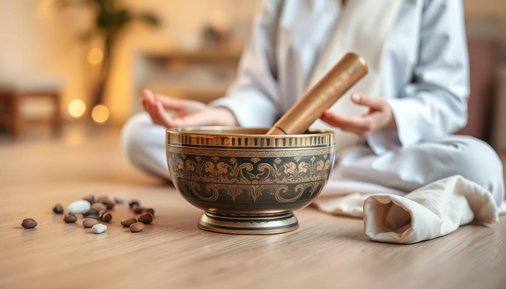 A serene image of a Tibetan singing bowl placed on a smooth, wooden surface. In the foreground, the bowl is intricately designed with traditional motifs, reflecting rich metallic tones of bronze and gold. Surrounding the bowl, soft, natural elements like small pebbles and gently folded fabric create a calming atmosphere. In the middle ground, a pair of hands, elegantly positioned, holds a mallet poised to strike the bowl. The background features a subtle, blurred indoor space with soft ambient lighting, enhancing the peaceful ambiance. The scene evokes a sense of tranquility and mindfulness, capturing the essence of meditation and the careful selection of instruments to support spiritual practice.