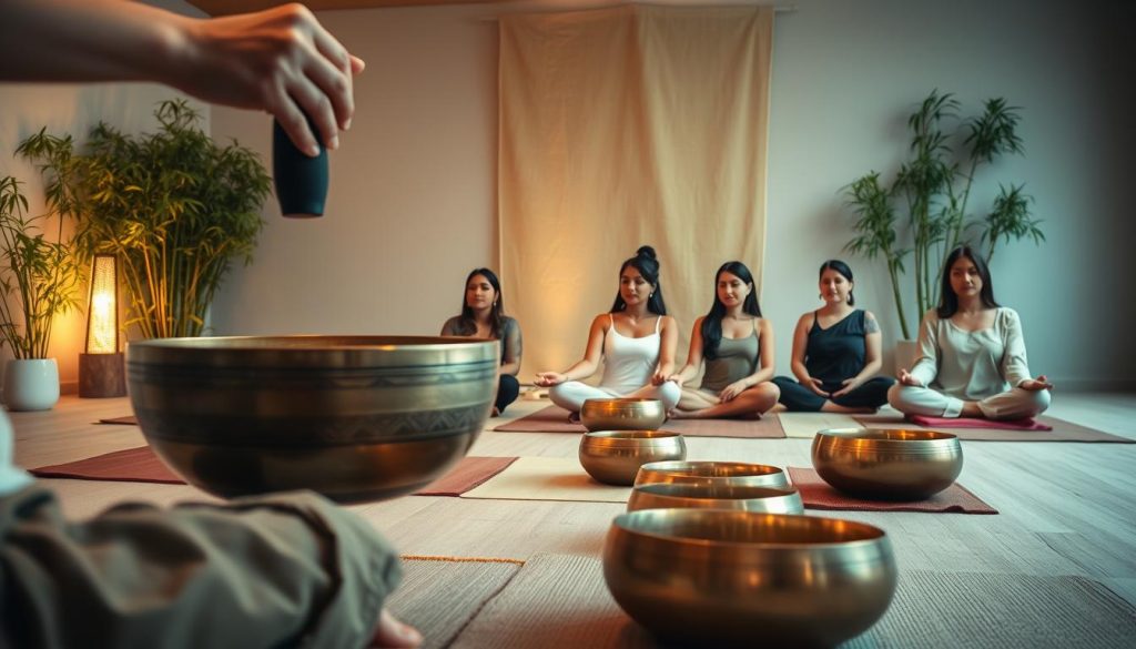 A serene scene depicting a sound healing session with Tibetan bowls. In the foreground, a skilled practitioner gently strikes a large, ornate Tibetan bowl, creating ripples and light vibrations in the air. A diverse range of tranquil participants, wearing comfortable, modest clothing, are seated on meditation cushions with peaceful expressions, absorbing the soothing sounds. In the middle ground, there are smaller Tibetan bowls arranged harmoniously, echoing the theme of sound healing. The background features a softly lit, zen-like environment with bamboo plants and calming textiles that enhance the atmosphere. Soft, warm lighting casts a gentle glow, creating a meditative and calming mood, emphasizing relaxation and healing. The image captures the essence of sound therapy, inviting viewers into a world of tranquility and well-being. A serene scene depicting a sound healing session with Tibetan bowls. In the foreground, a skilled practitioner gently strikes a large, ornate Tibetan bowl, creating ripples and light vibrations in the air. A diverse range of tranquil participants, wearing comfortable, modest clothing, are seated on meditation cushions with peaceful expressions, absorbing the soothing sounds. In the middle ground, there are smaller Tibetan bowls arranged harmoniously, echoing the theme of sound healing. The background features a softly lit, zen-like environment with bamboo plants and calming textiles that enhance the atmosphere. Soft, warm lighting casts a gentle glow, creating a meditative and calming mood, emphasizing relaxation and healing. The image captures the essence of sound therapy, inviting viewers into a world of tranquility and well-being.