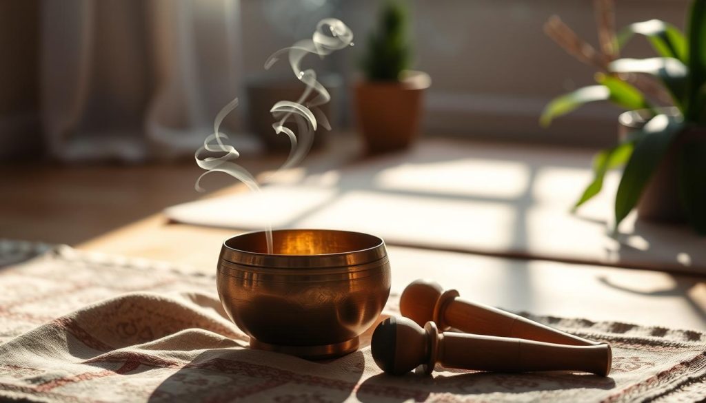 A serene scene featuring a Tibetan singing bowl, glimmering in soft, diffused sunlight. In the foreground, the brass bowl rests on a textured fabric, adorned with intricate, traditional designs. A pair of slender mallets lie nearby, inviting use. The middle ground showcases a tranquil setting with gentle, flowing shadows cast by a nearby window, adding warmth to the atmosphere. Delicate wisps of incense curl gracefully upwards, enhancing the soothing ambiance. In the background, soft-focused elements like a plush mat and calming green plants create a peaceful retreat. Capture a softly lit, comforting mood that embodies relaxation and the restorative qualities of sound therapy, emphasizing the bowl’s potential benefits for sleep. Aim for a balanced composition with an inviting, peaceful essence. A serene scene featuring a Tibetan singing bowl, glimmering in soft, diffused sunlight. In the foreground, the brass bowl rests on a textured fabric, adorned with intricate, traditional designs. A pair of slender mallets lie nearby, inviting use. The middle ground showcases a tranquil setting with gentle, flowing shadows cast by a nearby window, adding warmth to the atmosphere. Delicate wisps of incense curl gracefully upwards, enhancing the soothing ambiance. In the background, soft-focused elements like a plush mat and calming green plants create a peaceful retreat. Capture a softly lit, comforting mood that embodies relaxation and the restorative qualities of sound therapy, emphasizing the bowl’s potential benefits for sleep. Aim for a balanced composition with an inviting, peaceful essence.
