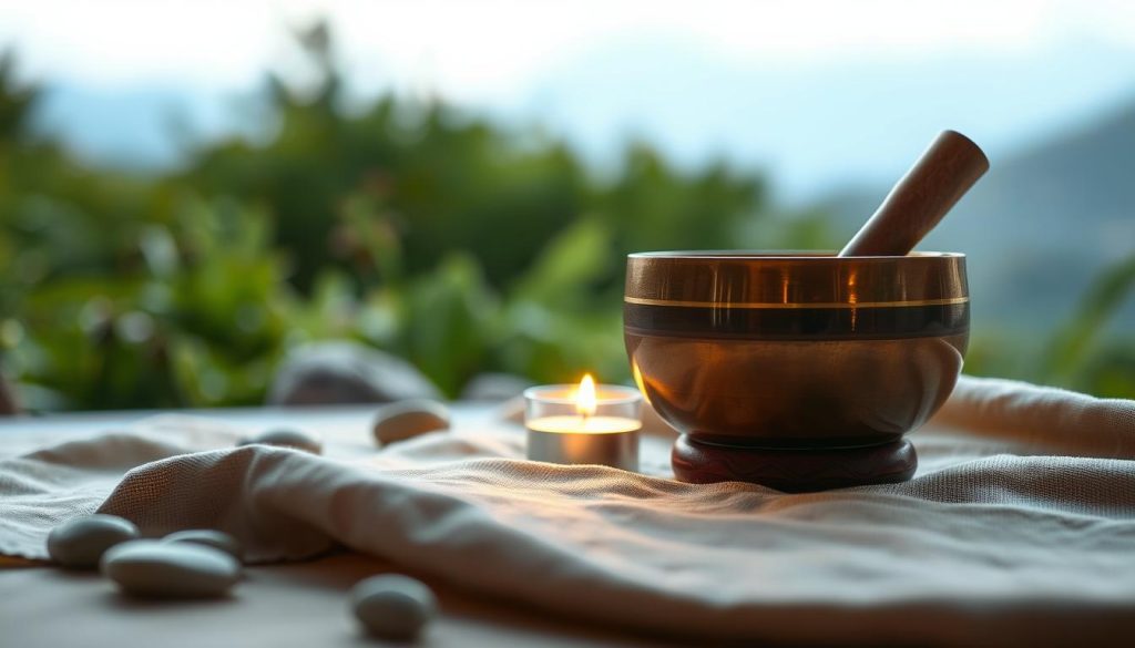 A serene scene featuring a Tibetan singing bowl resting on a soft natural fabric, surrounded by gently scattered smooth stones and a flickering candle. In the foreground, the bowl reflects light from above, creating a warm glow. The middle ground shows soft, blurred greenery, evoking a tranquil outdoor environment. In the background, hints of distant mountains and a soft-focus sky create depth and peace. Soft, diffused lighting enhances the calm atmosphere, suggesting early morning or late afternoon. Capture this image from a slightly elevated angle to emphasize the bowl and its surroundings, fostering a sense of mindfulness and centeredness, perfect for meditation and inner balance.