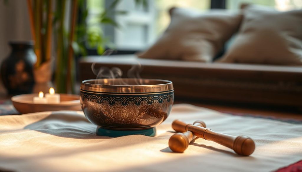 A serene scene focused on a beautifully crafted Tibetan singing bowl, resting on a soft, luxurious fabric, displaying intricate engravings and vibrant colors. In the foreground, soft morning light highlights the sheen of the bowl and reveals the fine details in its design. Surrounding the bowl, gentle, aromatic incense wafts through the air, creating an atmosphere of tranquility. In the middle ground, a pair of wooden mallets lay elegantly beside the bowl, suggesting the act of playing the instrument. The background features a blurred representation of a peaceful meditation space, with soothing natural elements like bamboo and soft cushions. The overall mood is calm and inviting, evoking a sense of inner peace and mindfulness, ideal for selecting a quality Tibetan bowl. A serene scene focused on a beautifully crafted Tibetan singing bowl, resting on a soft, luxurious fabric, displaying intricate engravings and vibrant colors. In the foreground, soft morning light highlights the sheen of the bowl and reveals the fine details in its design. Surrounding the bowl, gentle, aromatic incense wafts through the air, creating an atmosphere of tranquility. In the middle ground, a pair of wooden mallets lay elegantly beside the bowl, suggesting the act of playing the instrument. The background features a blurred representation of a peaceful meditation space, with soothing natural elements like bamboo and soft cushions. The overall mood is calm and inviting, evoking a sense of inner peace and mindfulness, ideal for selecting a quality Tibetan bowl.
