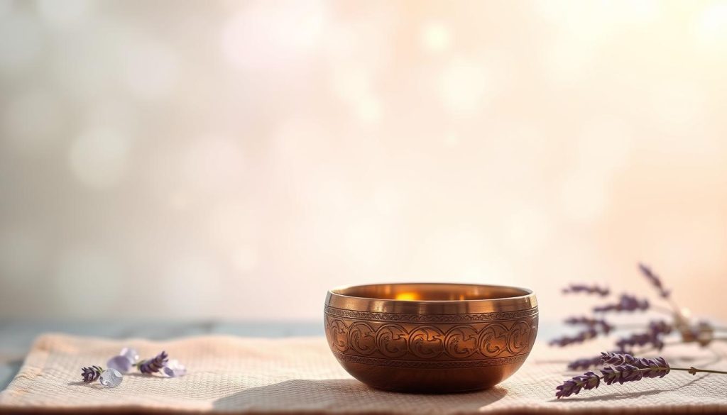 A serene scene showcasing a Tibetan singing bowl resting on a soft, textured mat. In the foreground, the gleaming bowl reflects soft, natural light, highlighting its intricate designs and polished surface. Surrounding the bowl, small crystals and lavender sprigs suggest a calming atmosphere conducive to relaxation. In the middle ground, faint waves of sound frequencies ripple outward, visualized as gentle, harmonious lines emanating from the bowl. The background features a soothing gradient of pastel colors, suggesting tranquility and depth, with soft bokeh effects adding to the ethereal quality. The overall mood is peaceful and meditative, inviting the viewer to experience the calming effects of sound frequencies associated with deep relaxation. A serene scene showcasing a Tibetan singing bowl resting on a soft, textured mat. In the foreground, the gleaming bowl reflects soft, natural light, highlighting its intricate designs and polished surface. Surrounding the bowl, small crystals and lavender sprigs suggest a calming atmosphere conducive to relaxation. In the middle ground, faint waves of sound frequencies ripple outward, visualized as gentle, harmonious lines emanating from the bowl. The background features a soothing gradient of pastel colors, suggesting tranquility and depth, with soft bokeh effects adding to the ethereal quality. The overall mood is peaceful and meditative, inviting the viewer to experience the calming effects of sound frequencies associated with deep relaxation.