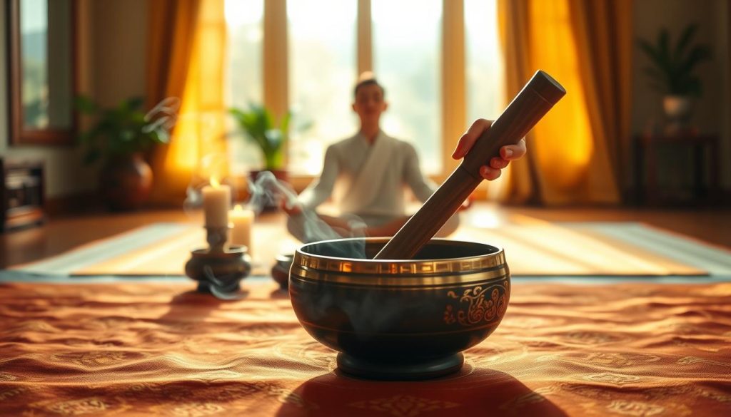 A serene setting for Tibetan bowl meditation is depicted. In the foreground, an ornate Tibetan singing bowl sits on a beautiful, embroidered silk cloth, surrounded by gentle incense smoke. A pair of hands, clad in simple yet elegant attire, gently strike the bowl with a wooden mallet, producing soundwaves that ripple through the air. In the middle ground, a tranquil figure sits cross-legged in a meditative pose, eyes softly closed, radiating peace and focus, surrounded by natural elements—a few green plants and a softly glowing candle. The background is a soft, blurred image of a peaceful, sunlit room with warm, golden light pouring in through large windows, enhancing the calming atmosphere. The overall mood is one of tranquility and mindfulness. A serene setting for Tibetan bowl meditation is depicted. In the foreground, an ornate Tibetan singing bowl sits on a beautiful, embroidered silk cloth, surrounded by gentle incense smoke. A pair of hands, clad in simple yet elegant attire, gently strike the bowl with a wooden mallet, producing soundwaves that ripple through the air. In the middle ground, a tranquil figure sits cross-legged in a meditative pose, eyes softly closed, radiating peace and focus, surrounded by natural elements—a few green plants and a softly glowing candle. The background is a soft, blurred image of a peaceful, sunlit room with warm, golden light pouring in through large windows, enhancing the calming atmosphere. The overall mood is one of tranquility and mindfulness.