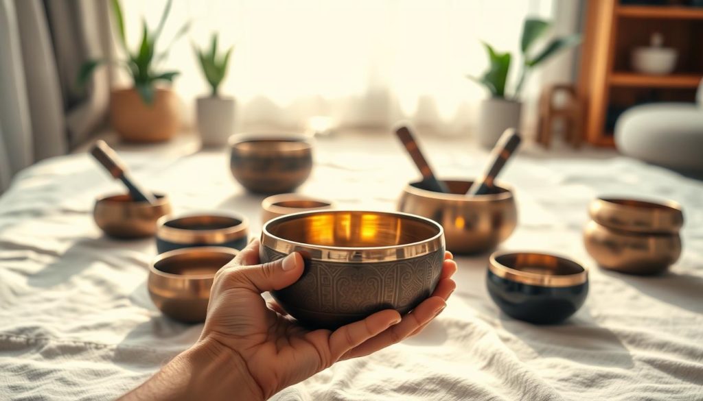 A serene, tranquil scene showcasing a variety of Tibetan singing bowls arranged on a soft, textured fabric. In the foreground, a pair of hands gently holds a beautifully crafted singing bowl, its surface reflecting intricate patterns and a warm, inviting glow. Soft natural light filters in from the left, illuminating the details of the bowl and casting delicate shadows. In the middle ground, additional bowls of varying sizes and finishes are lightly arranged, emphasizing their unique shapes and sounds. The background features a softly blurred, harmonious space with hints of green plants and calming decor, enhancing the atmosphere of healing and meditation. The overall mood is peaceful and contemplative, conveying a sense of choice and mindfulness in selecting an instrument for personal practice. A serene, tranquil scene showcasing a variety of Tibetan singing bowls arranged on a soft, textured fabric. In the foreground, a pair of hands gently holds a beautifully crafted singing bowl, its surface reflecting intricate patterns and a warm, inviting glow. Soft natural light filters in from the left, illuminating the details of the bowl and casting delicate shadows. In the middle ground, additional bowls of varying sizes and finishes are lightly arranged, emphasizing their unique shapes and sounds. The background features a softly blurred, harmonious space with hints of green plants and calming decor, enhancing the atmosphere of healing and meditation. The overall mood is peaceful and contemplative, conveying a sense of choice and mindfulness in selecting an instrument for personal practice.