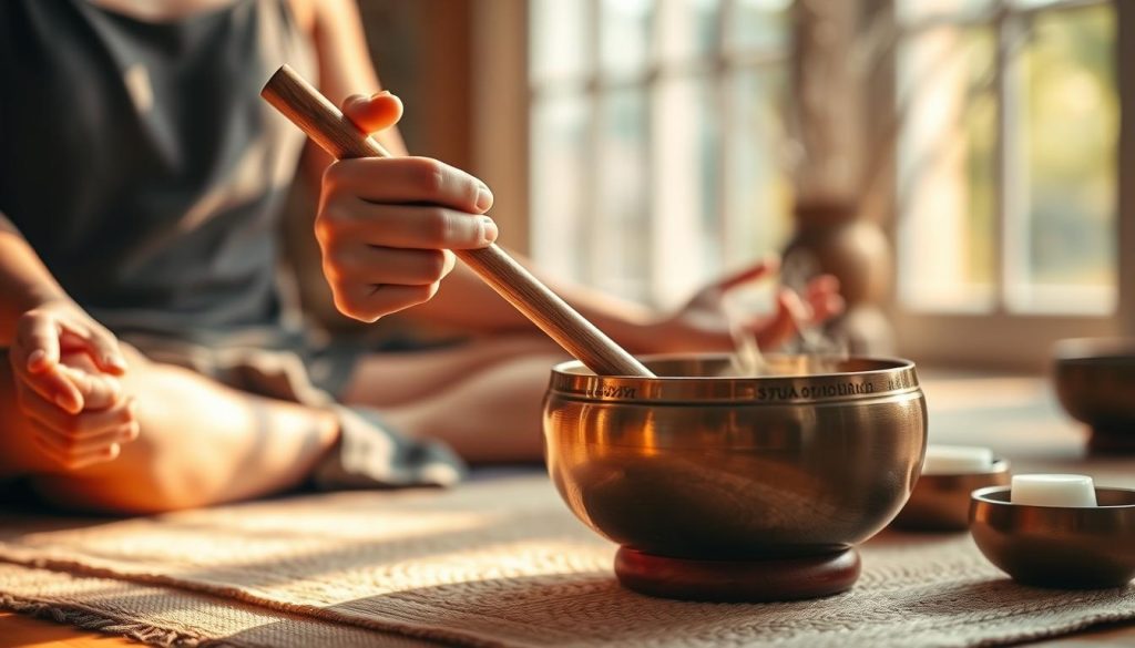 A tranquil scene showcasing a person seated in a meditative pose, skillfully striking a Tibetan singing bowl to produce a pure, resonant note. The foreground features a close-up of the person's hand holding a mallet, poised above the bowl, with delicate details of the wood grain and craftsmanship visible. In the middle ground, the singing bowl rests on a softly woven cloth, surrounded by incense and candles to create a serene atmosphere. The background is softly blurred, hinting at a peaceful space with warm, natural lighting filtering through a window, casting gentle shadows. The overall mood is calm and introspective, inviting the viewer into a moment of mindfulness and focus on the art of sound meditation.