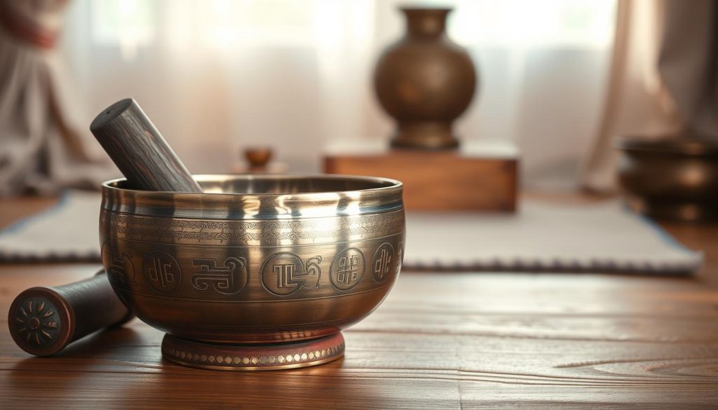 A beautifully crafted Tibetan singing bowl, impeccably polished to showcase its intricate details, sits prominently in the foreground. The bowl features delicate engravings of traditional symbols and a shimmering surface reflecting soft natural light. A mallet rests beside it, hinting at its use. In the middle ground, a textured wooden table adds warmth and depth to the scene, enhancing the bowl's beauty. In the background, a blurred setting of a serene meditation space with soft fabrics and gentle hues complements the calmness associated with Tibetan culture. The lighting is soft and diffused, creating a peaceful and inviting atmosphere, perfect for highlighting the cultural significance and care required in maintaining such a treasured metal artifact.