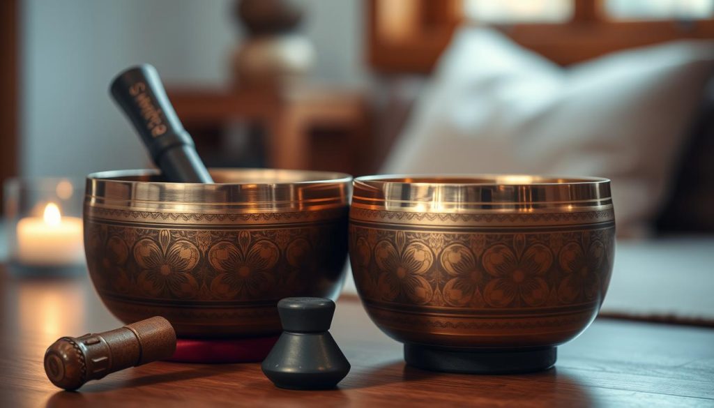 A professional setting showcasing a Tibetan singing bowl and a ventouse (suction cup) specifically designed for the bowl. In the foreground, the ventouse is positioned elegantly next to the bowl, highlighting its intricate design and texture. The middle ground features the singing bowl, adorned with traditional Tibetan patterns, reflecting warm, golden hues. Soft, atmospheric lighting bathes the scene, creating a serene and calming atmosphere. A blurred background shows a quiet meditation space, perhaps with soft cushions and natural wooden elements, enhancing the sense of tranquility. The composition should evoke a professional ambiance, suggesting the effective use of the ventouse in sound therapy or meditation practices, inviting viewers to explore its purpose in a calm and reflective manner. A professional setting showcasing a Tibetan singing bowl and a ventouse (suction cup) specifically designed for the bowl. In the foreground, the ventouse is positioned elegantly next to the bowl, highlighting its intricate design and texture. The middle ground features the singing bowl, adorned with traditional Tibetan patterns, reflecting warm, golden hues. Soft, atmospheric lighting bathes the scene, creating a serene and calming atmosphere. A blurred background shows a quiet meditation space, perhaps with soft cushions and natural wooden elements, enhancing the sense of tranquility. The composition should evoke a professional ambiance, suggesting the effective use of the ventouse in sound therapy or meditation practices, inviting viewers to explore its purpose in a calm and reflective manner.