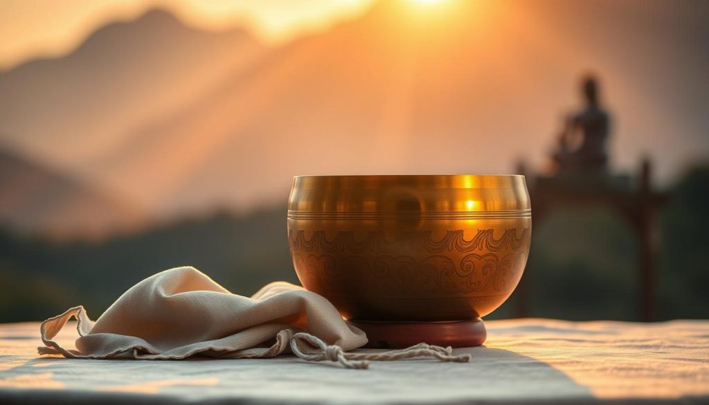 A serene Tibetan singing bowl made of soft chiffon sits gracefully on a delicate, textured surface, showcasing its intricate patterns. The bowl reflects gentle, golden hues illuminated by warm, diffused afternoon light, creating a calm, inviting atmosphere. In the background, faint silhouettes of Himalayan mountains and a tranquil meditation space can be seen, enhancing the sense of peace. A soft, handwoven cloth is placed beside the bowl, symbolizing care in the cleaning process. The composition captures the essence of daily Tibetan practices, with a focus on gentle cleaning methods. Use a shallow depth of field to keep the bowl sharp and the background softly blurred, emphasizing its beauty and uniqueness while evoking a tranquil mood.