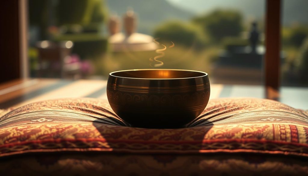 A serene and atmospheric scene depicting the concept of "vibrations," focusing on a Tibetan singing bowl placed center-stage on a richly textured cushion. The singing bowl emits subtle, glowing waves to symbolize sound vibrations radiating outward, creating an ethereal effect. The foreground features the cushion's intricate patterns, enhancing the sense of texture, while soft shadows play across it. In the middle ground, the glowing waves intermingle with gentle ripples of light, suggesting a peaceful resonance in the air. The background features a soft, blurred representation of nature, like a tranquil garden or the outline of mountains, enhancing the overall calm and meditative atmosphere. Natural, diffused lighting bathes the entire scene in warm tones, evoking a sense of harmony and balance. A serene and atmospheric scene depicting the concept of "vibrations," focusing on a Tibetan singing bowl placed center-stage on a richly textured cushion. The singing bowl emits subtle, glowing waves to symbolize sound vibrations radiating outward, creating an ethereal effect. The foreground features the cushion's intricate patterns, enhancing the sense of texture, while soft shadows play across it. In the middle ground, the glowing waves intermingle with gentle ripples of light, suggesting a peaceful resonance in the air. The background features a soft, blurred representation of nature, like a tranquil garden or the outline of mountains, enhancing the overall calm and meditative atmosphere. Natural, diffused lighting bathes the entire scene in warm tones, evoking a sense of harmony and balance.