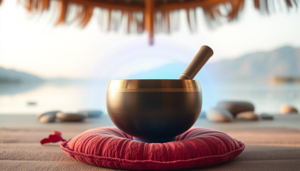 A serene and calming scene depicting the concept of “vibrations.” In the foreground, a beautifully crafted Tibetan singing bowl on a soft, vibrant cushion, subtly pulsating with gentle waves of color that represent sound waves emanating from it. In the middle ground, an ethereal aura surrounding the bowl, with soft gradients of blues and purples, suggesting movement and harmony. The background features a tranquil, blurred landscape with hints of nature, like distant mountains and smooth stones, enhancing the atmosphere of peace. Soft, diffused lighting casts a warm glow on the scene, creating an inviting and meditative mood. The angle of the shot is slightly above the bowl, capturing the full vibrational effect without distractions. A serene and calming scene depicting the concept of “vibrations.” In the foreground, a beautifully crafted Tibetan singing bowl on a soft, vibrant cushion, subtly pulsating with gentle waves of color that represent sound waves emanating from it. In the middle ground, an ethereal aura surrounding the bowl, with soft gradients of blues and purples, suggesting movement and harmony. The background features a tranquil, blurred landscape with hints of nature, like distant mountains and smooth stones, enhancing the atmosphere of peace. Soft, diffused lighting casts a warm glow on the scene, creating an inviting and meditative mood. The angle of the shot is slightly above the bowl, capturing the full vibrational effect without distractions.